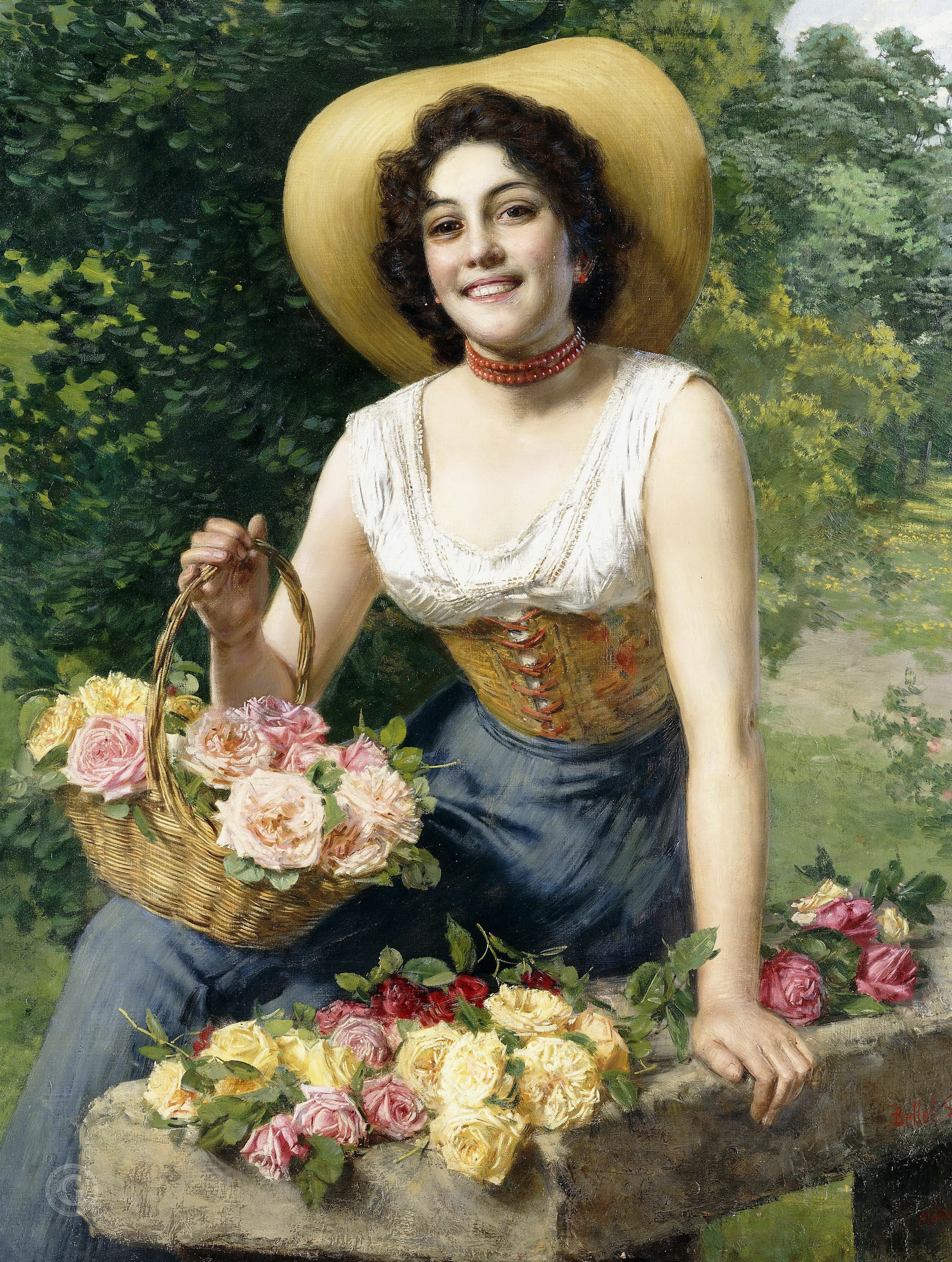 A beauty holding a basket of roses